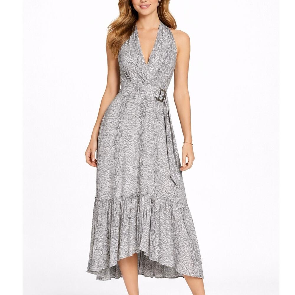 By Anthropologie 4 Gray White Halter Maxi Dress Smocked Waist Viscose Flowy